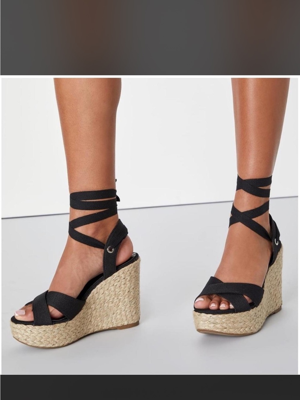 Lulus Black Canvas Wedge Heel Espadrille Sandals 7 Strappy Lace Up Rope Heel